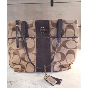 COACH Signature Logo Carryall Khaki Tan Mahogany Handbag Purse Satchel.